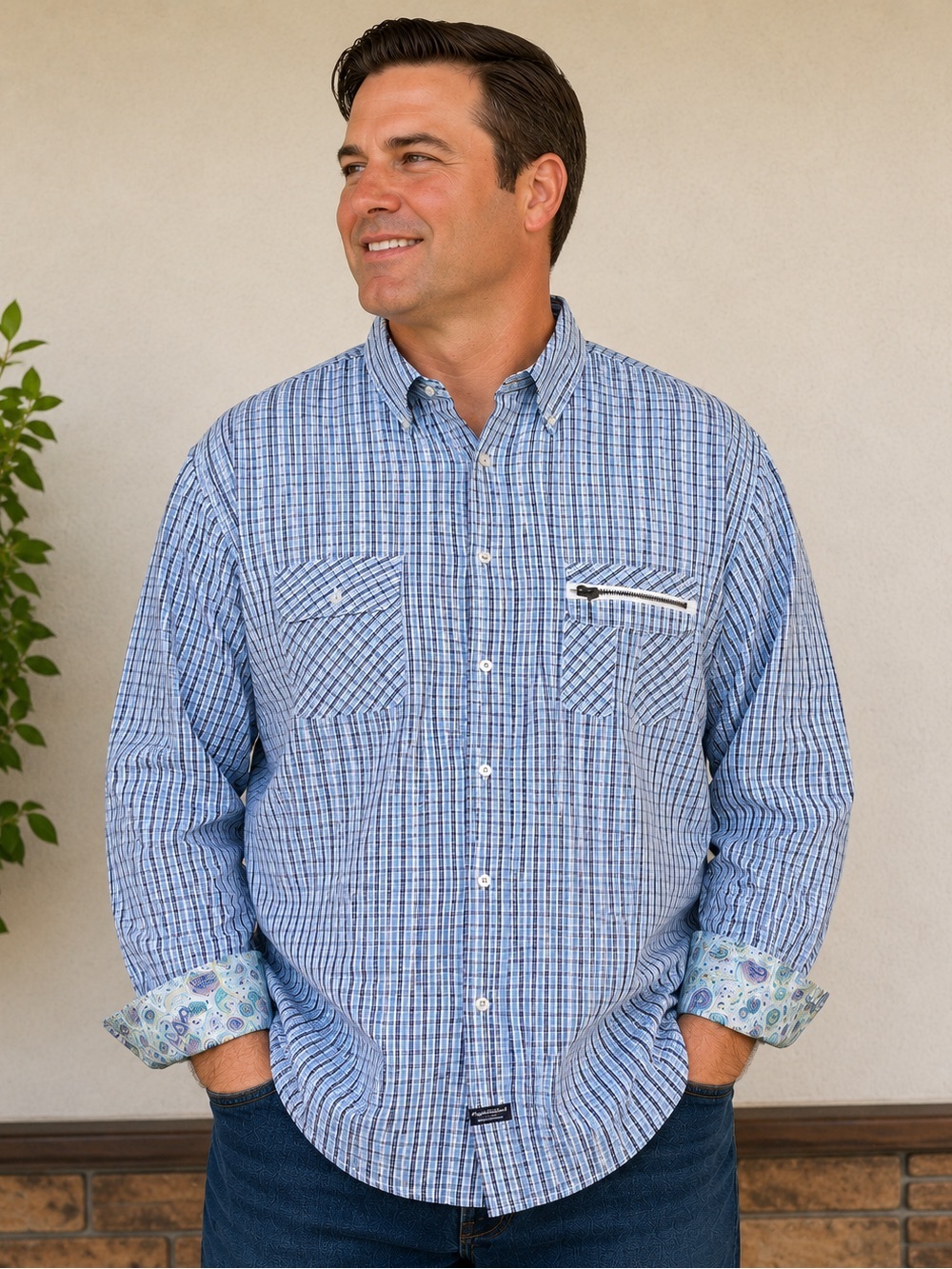English Laundry Lions Crest 100% Cotton Plaid Button Down Shirt 2XL Zip Pocket